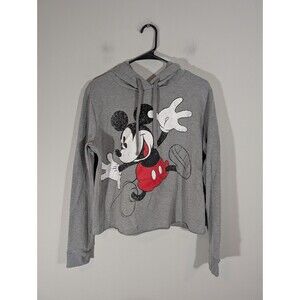Disney Mickey Mouse Hoodie Women Sz L Gray Long Sleeve Pullover Sweatshirt